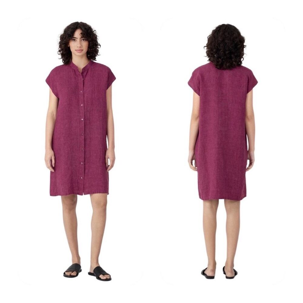 EILEEN FISHER Washed Organic Linen Delave Shirtdress raspberry/burgundy SIZE XS